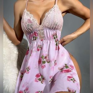 Floral Print Eyelash Lace Panel Split Hem Slips Lingerie